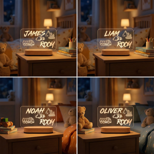 Personalized construction truck night light with a custom child's name