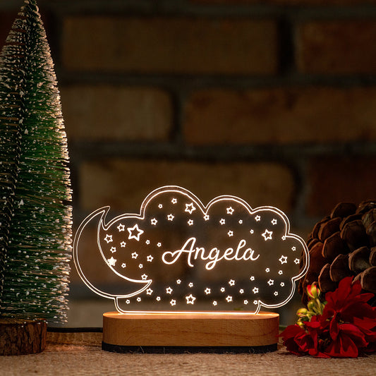 Personalized moon and cloud night light with a custom child's name