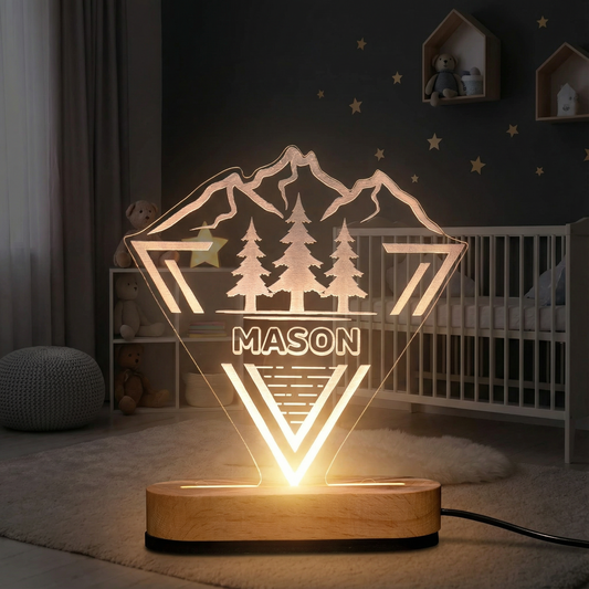 Personalized woodland night light engraved with a child's name