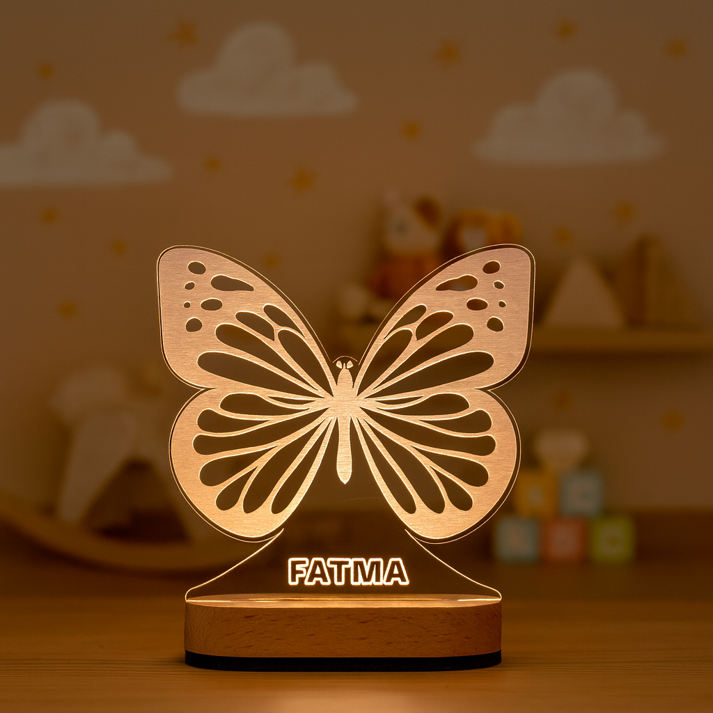 Personalized Butterfly Night Light with Name – LED Wooden Lamp for Kids & Nursery Room Decor