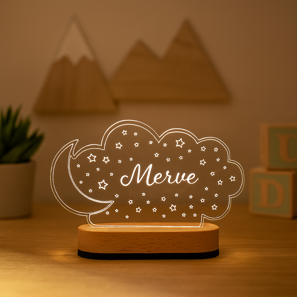 Personalized Moon and Cloud Night Light with Name – LED Wooden Lamp for Kids & Nursery Decor