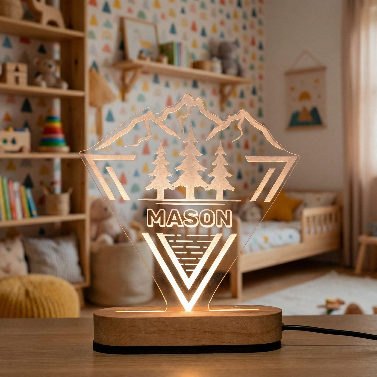 Personalized woodland night light engraved with a child's name