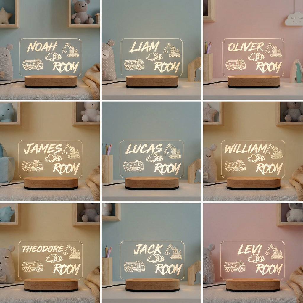 Personalized Construction Night Light for Kids Room – Custom Name LED Lamp for Boys Nursery & Bedroom