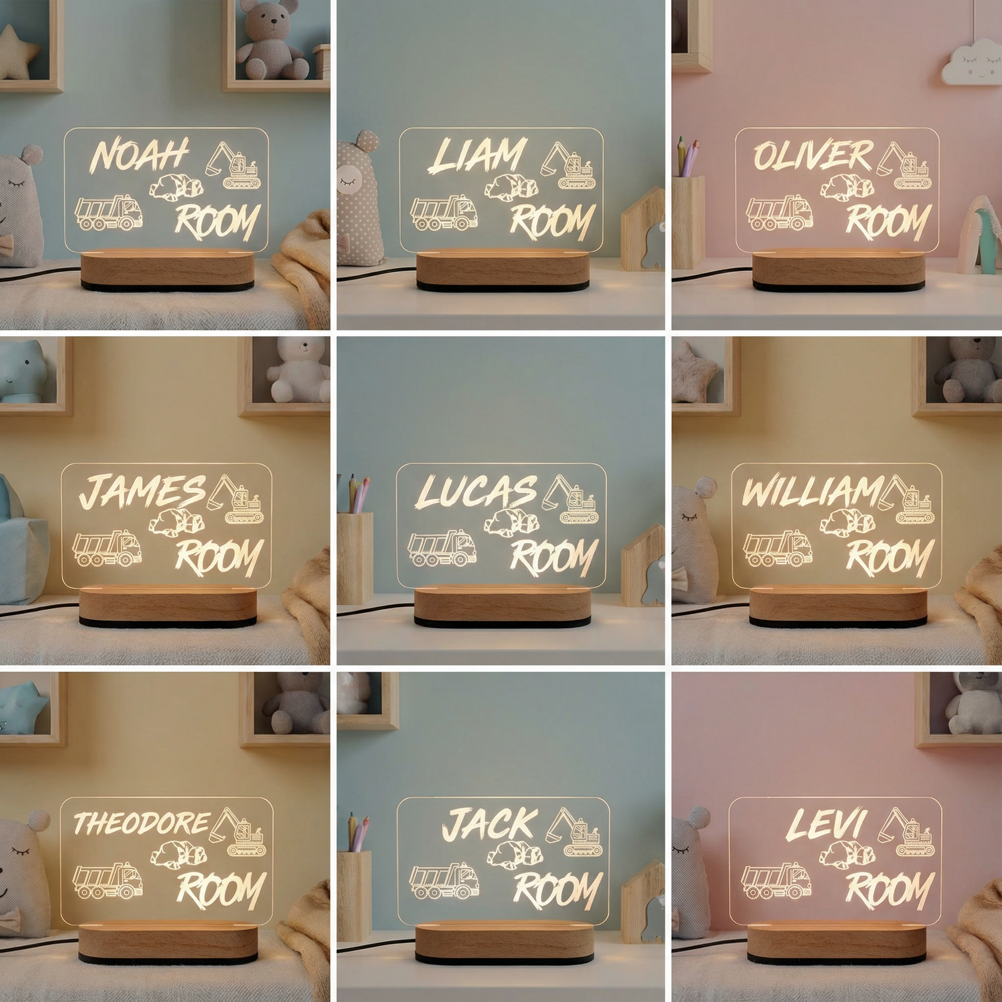 Personalized Construction Night Light for Kids Room – Custom Name LED Lamp for Boys Nursery & Bedroom