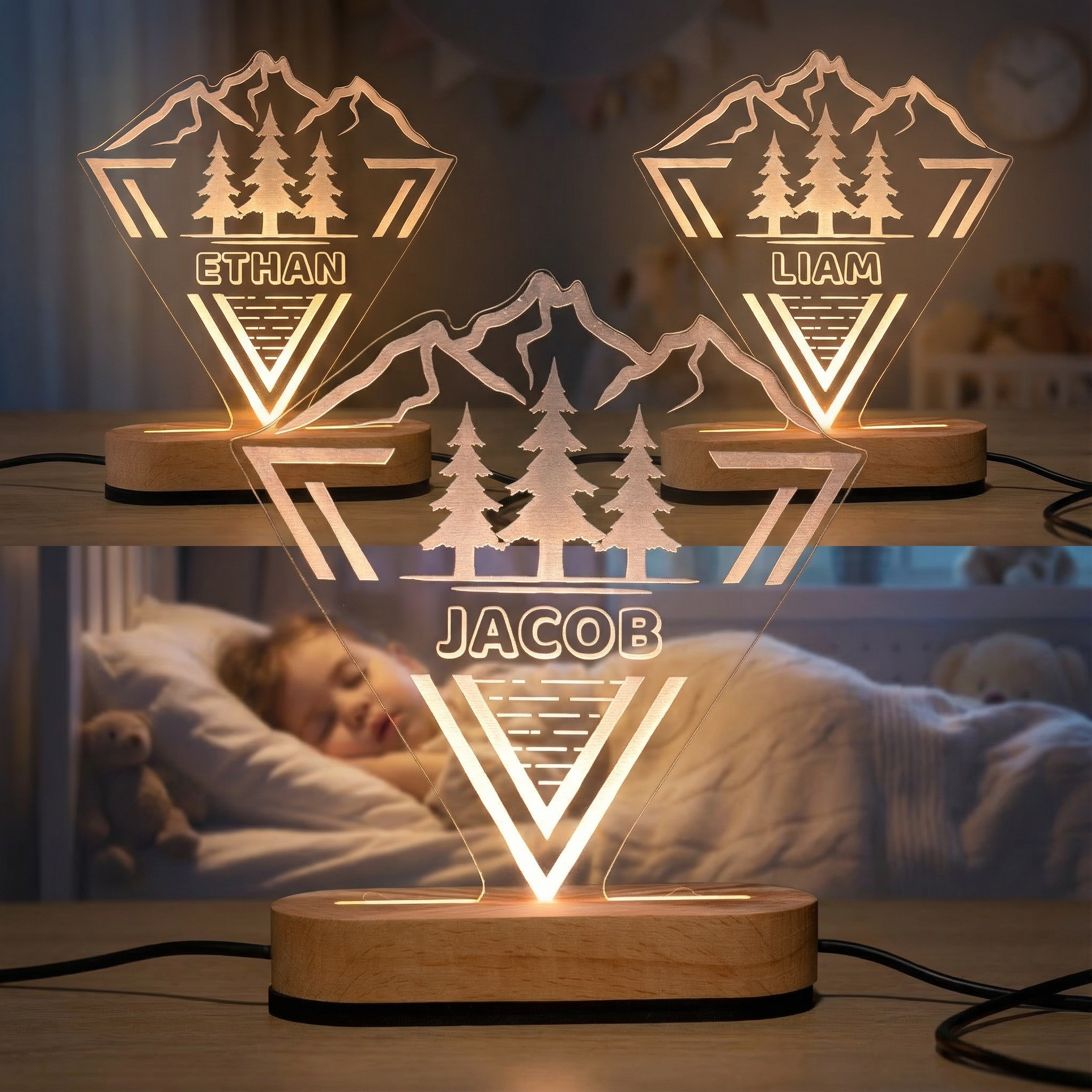 Personalized Kids Night Light with Name – Woodland LED Lamp for Nursery & Christmas Gift