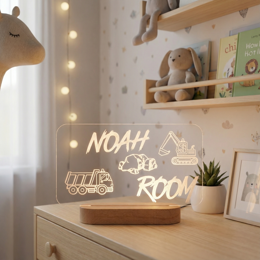 Personalized Construction Night Light for Kids Room – Custom Name LED Lamp for Boys Nursery & Bedroom