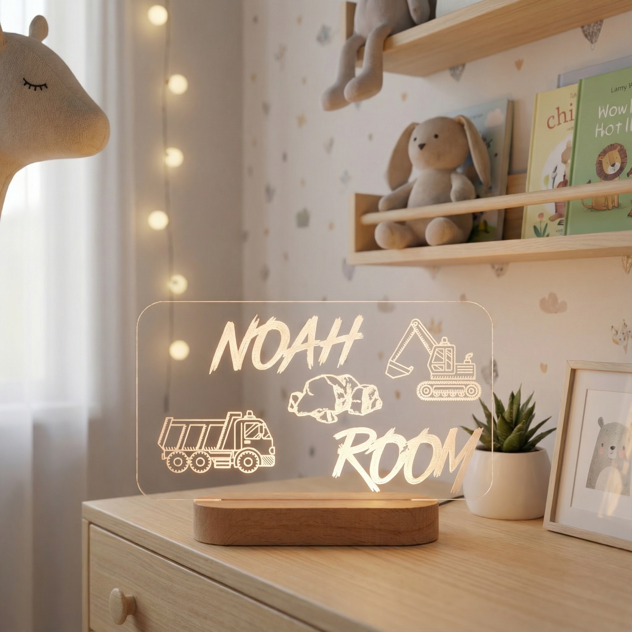 Personalized Construction Night Light for Kids Room – Custom Name LED Lamp for Boys Nursery & Bedroom