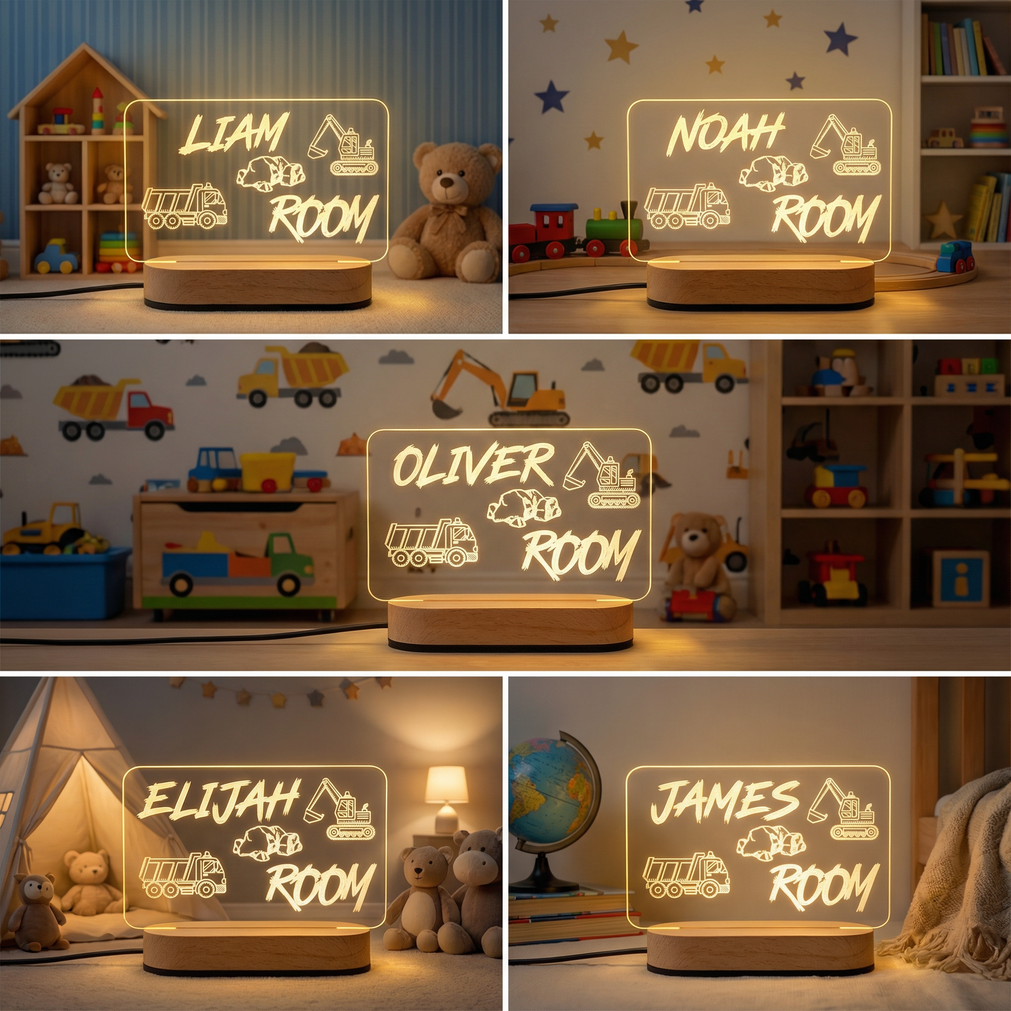 Personalized Construction Night Light for Kids Room – Custom Name LED Lamp for Boys Nursery & Bedroom