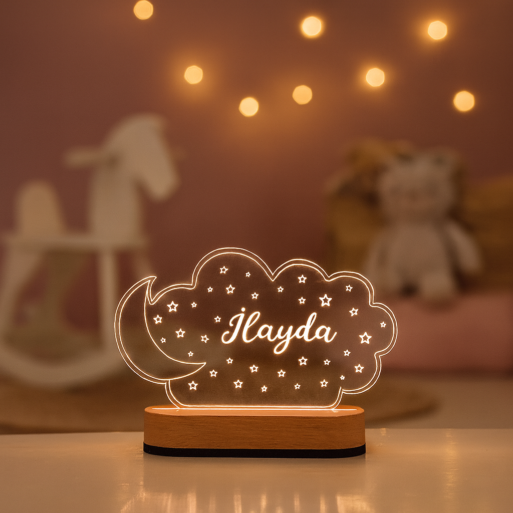 Personalized Moon and Cloud Night Light with Name – LED Wooden Lamp for Kids & Nursery Decor