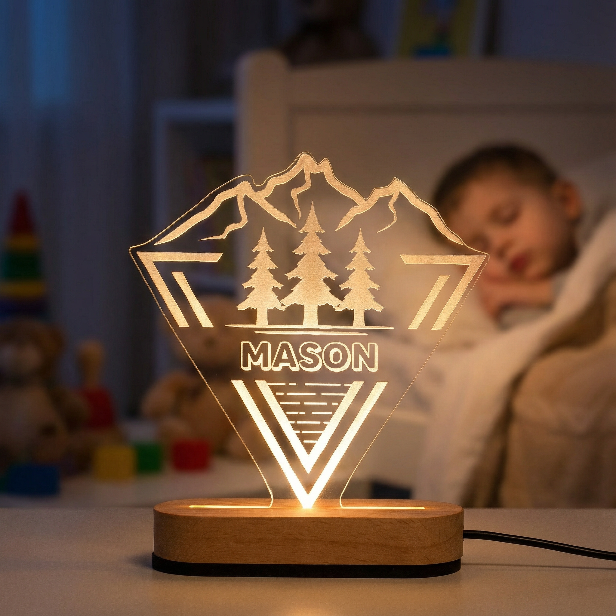Personalized Kids Night Light with Name – Woodland LED Lamp for Nursery & Christmas Gift
