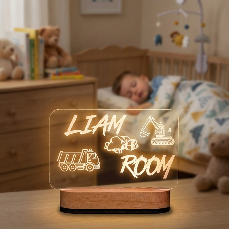 Children's room with a personalized gift lit sign displaying 'LIAM ROOM' and construction-themed illustrations.
