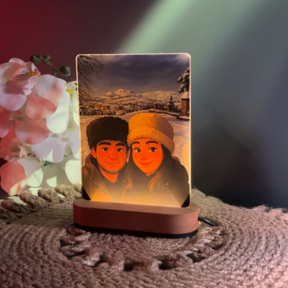 Custom animated photo night light glowing on a wooden LED base
