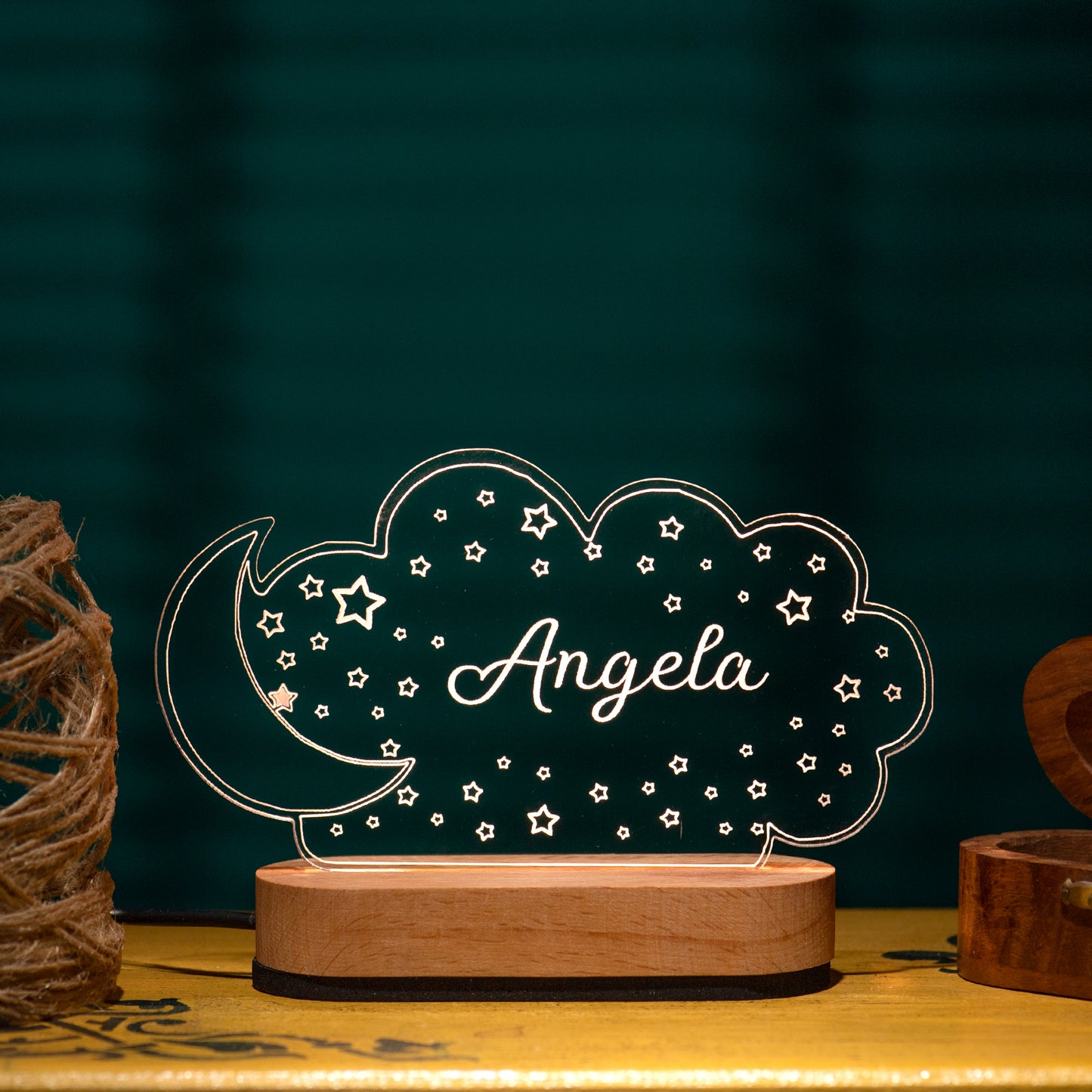 Personalized Moon and Cloud Night Light with Name – LED Wooden Lamp for Kids & Nursery Decor