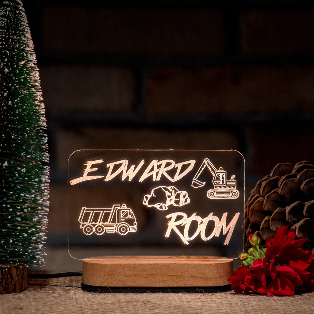 Personalized Construction Night Light for Kids Room – Custom Name LED Lamp for Boys Nursery & Bedroom