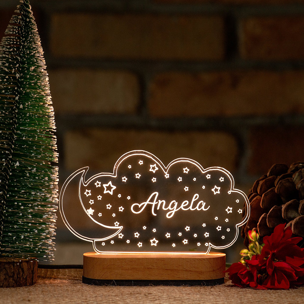 Personalized Moon and Cloud Night Light with Name – LED Wooden Lamp for Kids & Nursery Decor