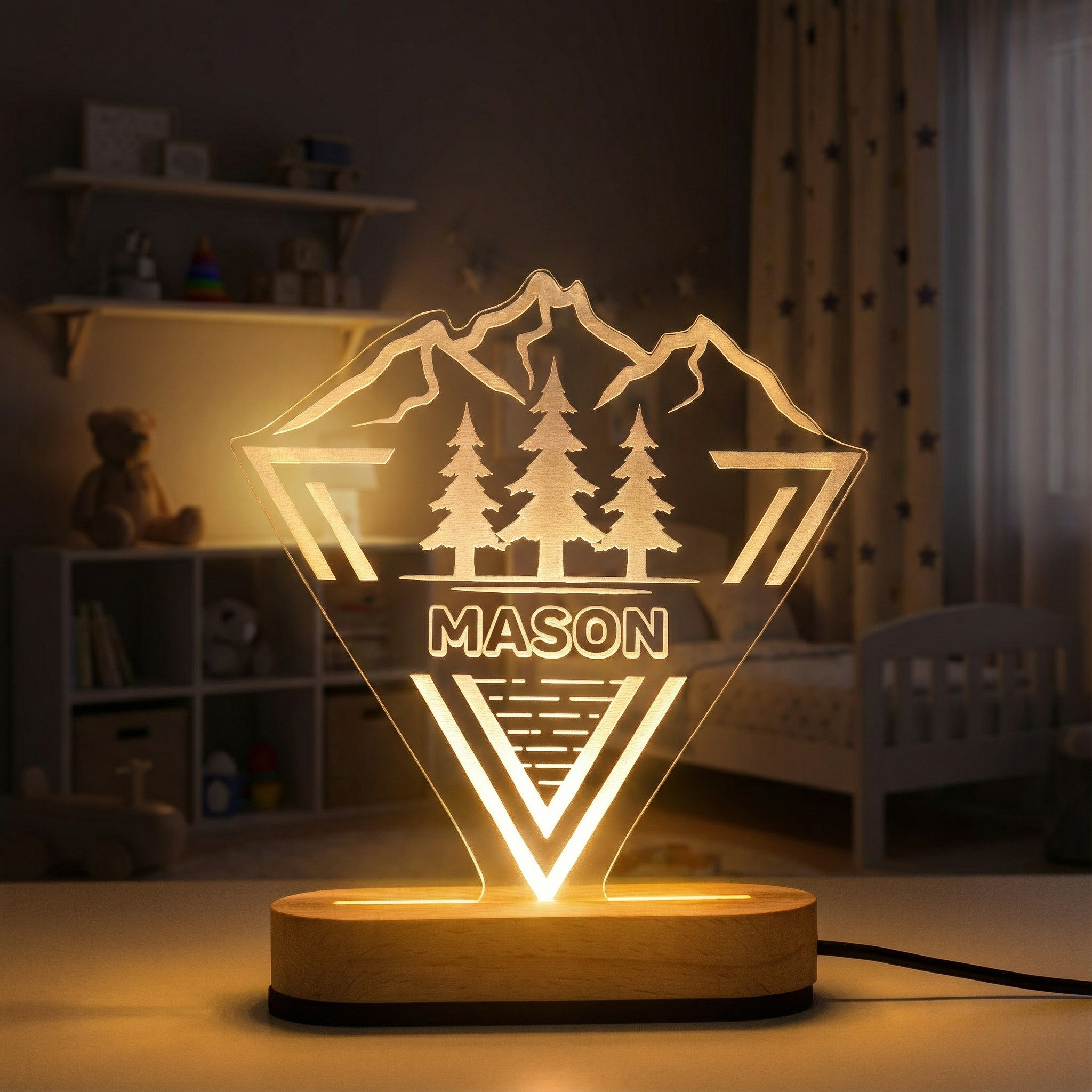 Personalized Kids Night Light with Name – Woodland LED Lamp for Nursery & Christmas Gift