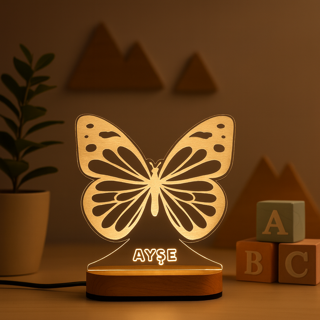 Personalized Butterfly Night Light with Name – LED Wooden Lamp for Kids & Nursery Room Decor