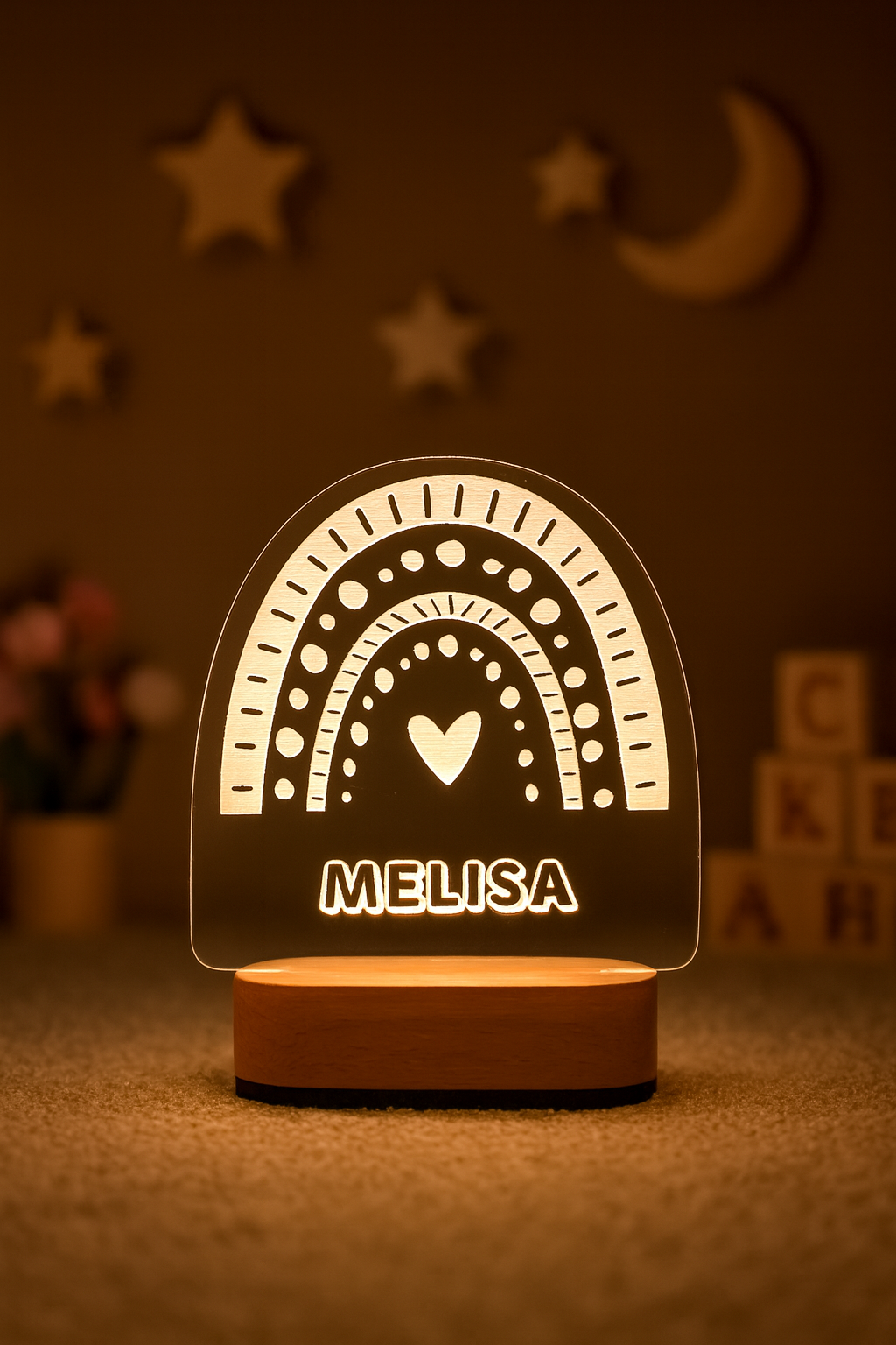 Personalized Rainbow Night Light with Name – LED Wooden Lamp for Kids & Nursery Room Decor